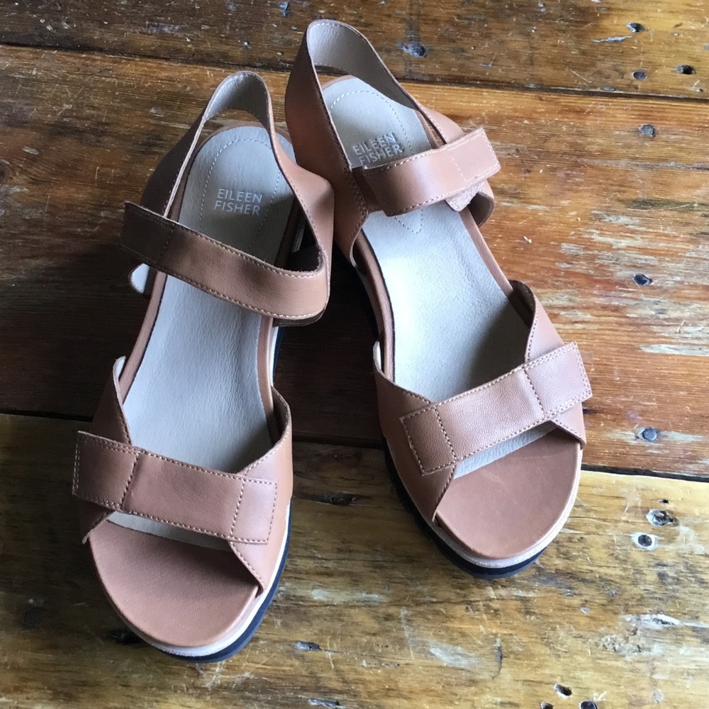 Eileen Fisher Tan Leather Velcro Slingback Sandals NWOT
